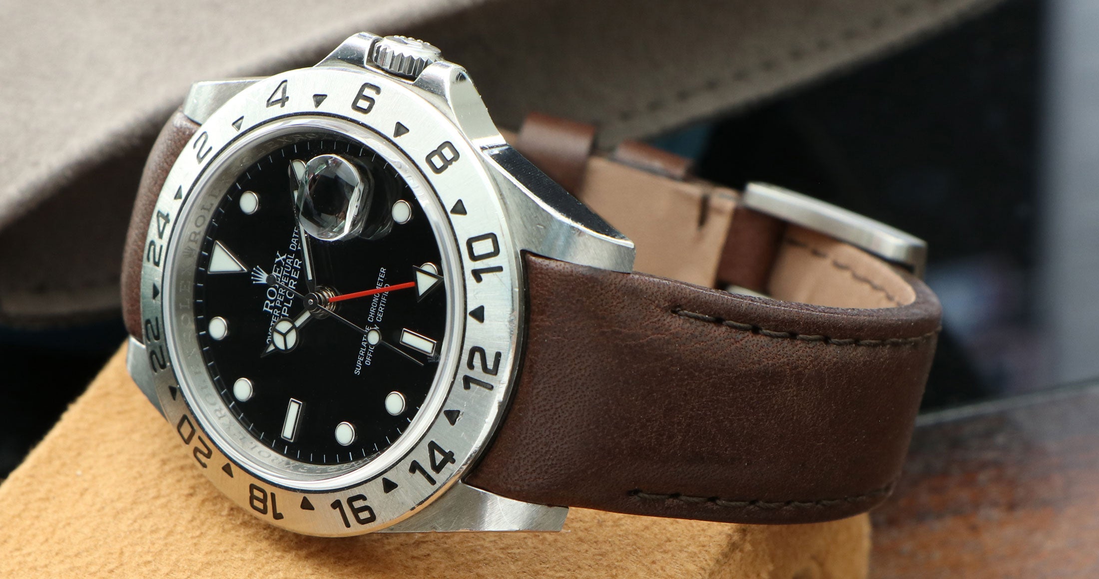 Curved End Leather Strap on Rolex Explorer II