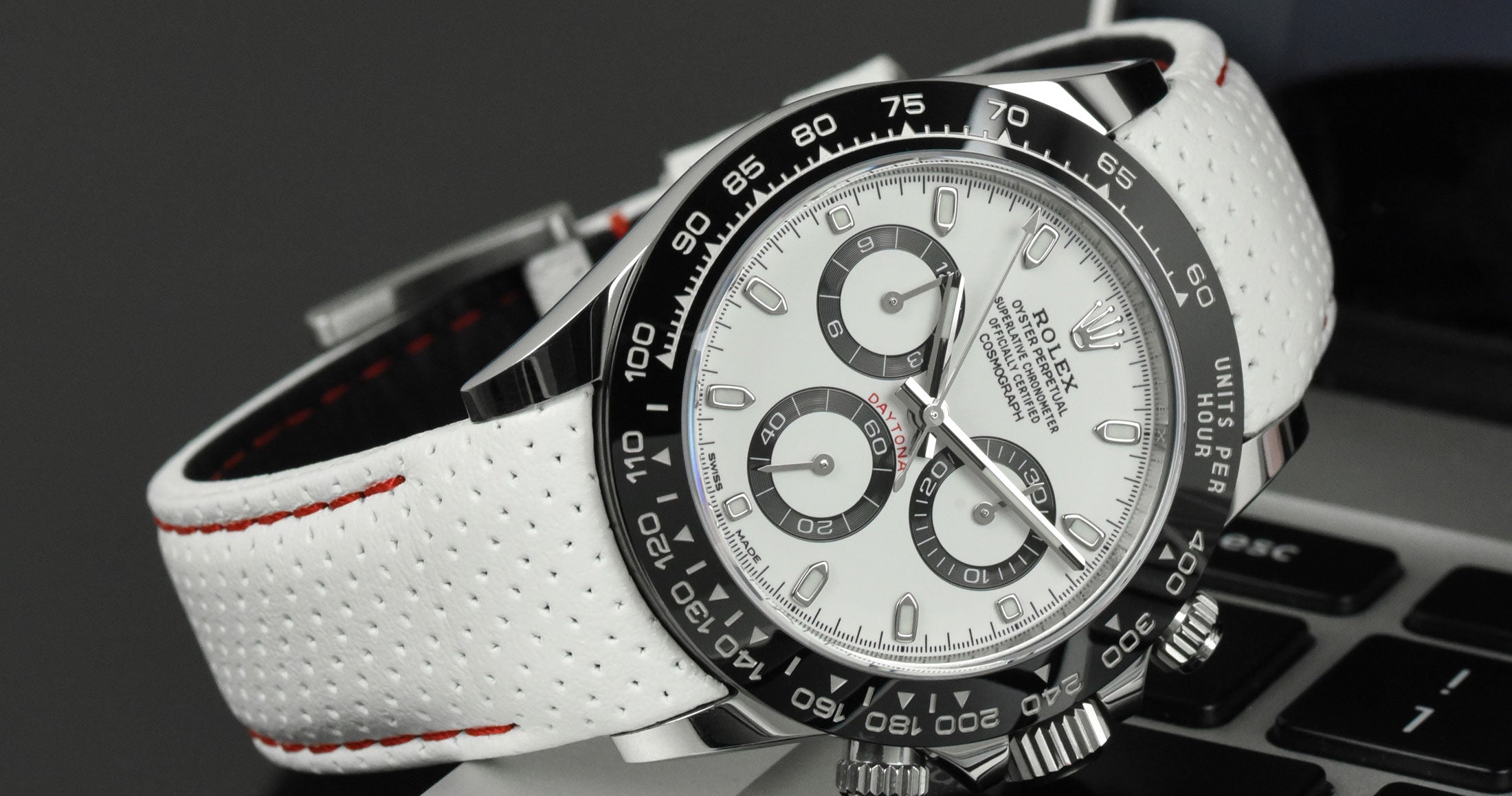 Perforated Leather Strap on Rolex Daytona - White with Red Stitching