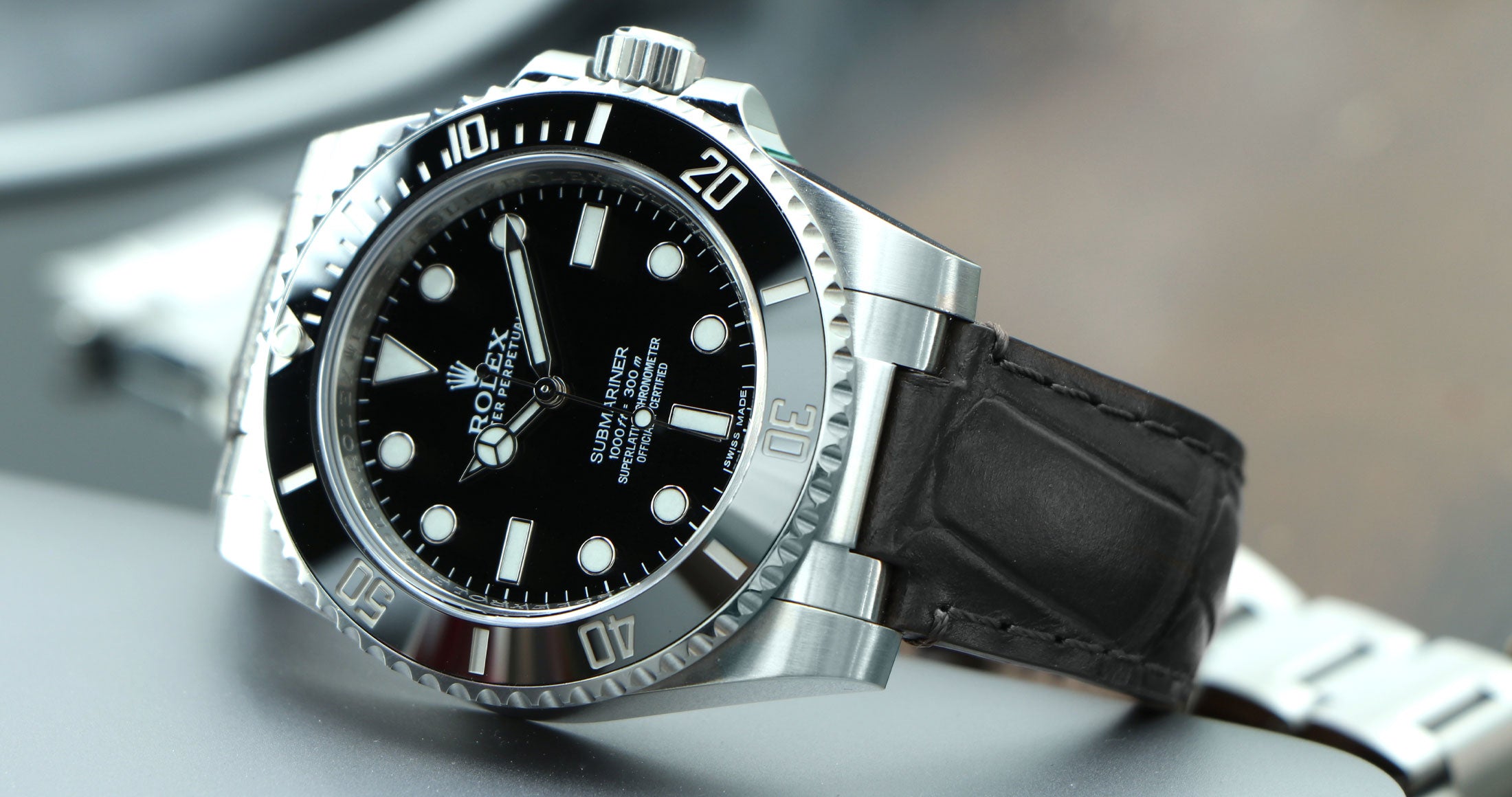 Steel End Link Alligator Leather Strap on Rolex Submariner