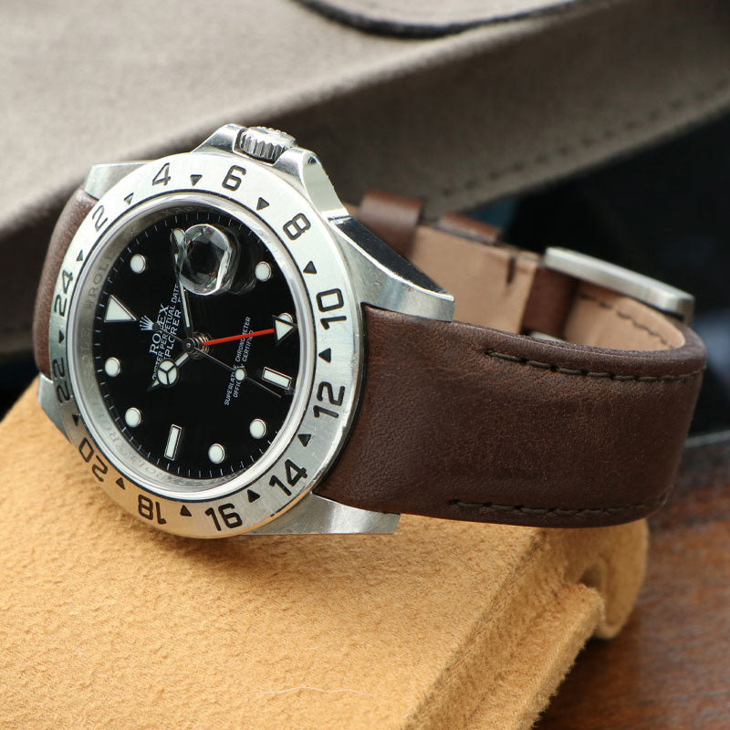 Curved End Leather Strap on Rolex Explorer II