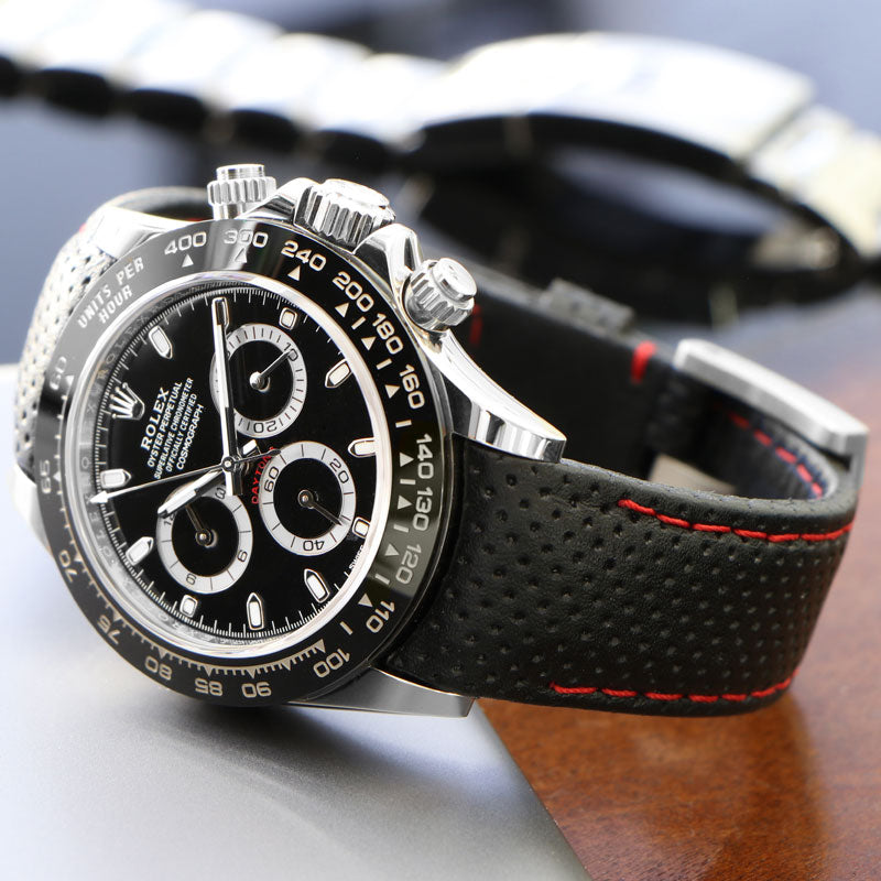 Perforated Leather Strap on Rolex Daytona - Black with Red Stitching
