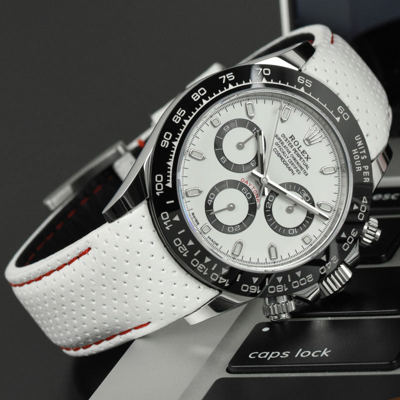 Perforated Leather Strap on Rolex Daytona - White with Red Stitching