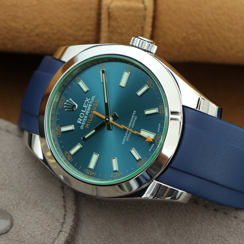 Blue Rubber Strap on Rolex Milgauss