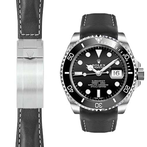 Braloba AG SA Everest Bands Curved End Leather Strap for Rolex Yacht Master Deployant Black with Red Stitch 4 Links by 5 Links