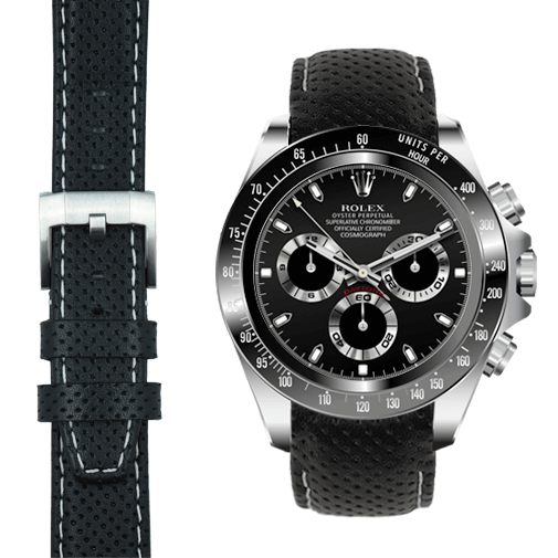 Everest Horology Products Curved End Leather Racing Strap for Rolex Ceramic Daytona Watch Black with White Stitch Silver Buckle