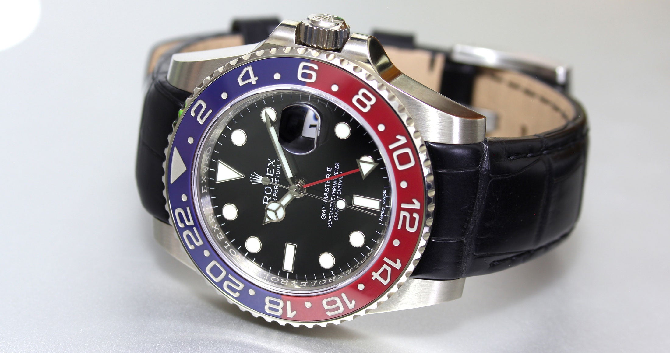 Curved End Leather Strap on Rolex GMT-Master II