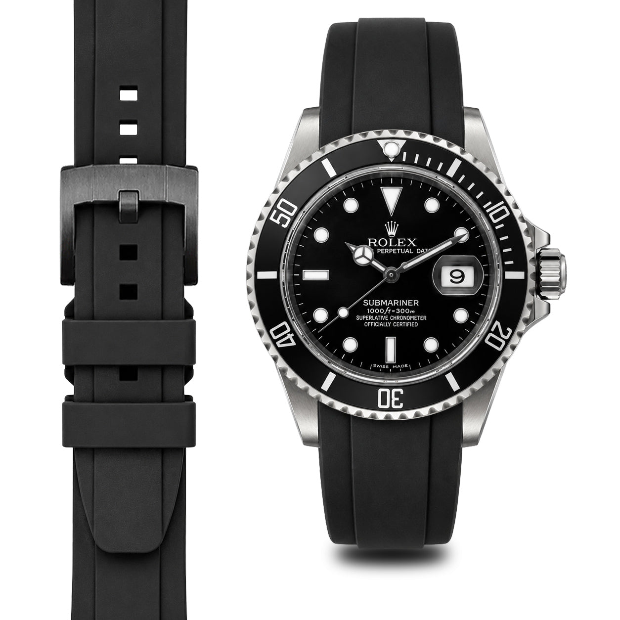 Rolex サブマリーナ Everest エベレスト ラバーバンド ブラック Curved End Rubber Strap for Rolex Submariner with Tang Buckle