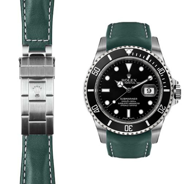 Curved End green Leather Strap with white stitch for Rolex Submariner Deployant
