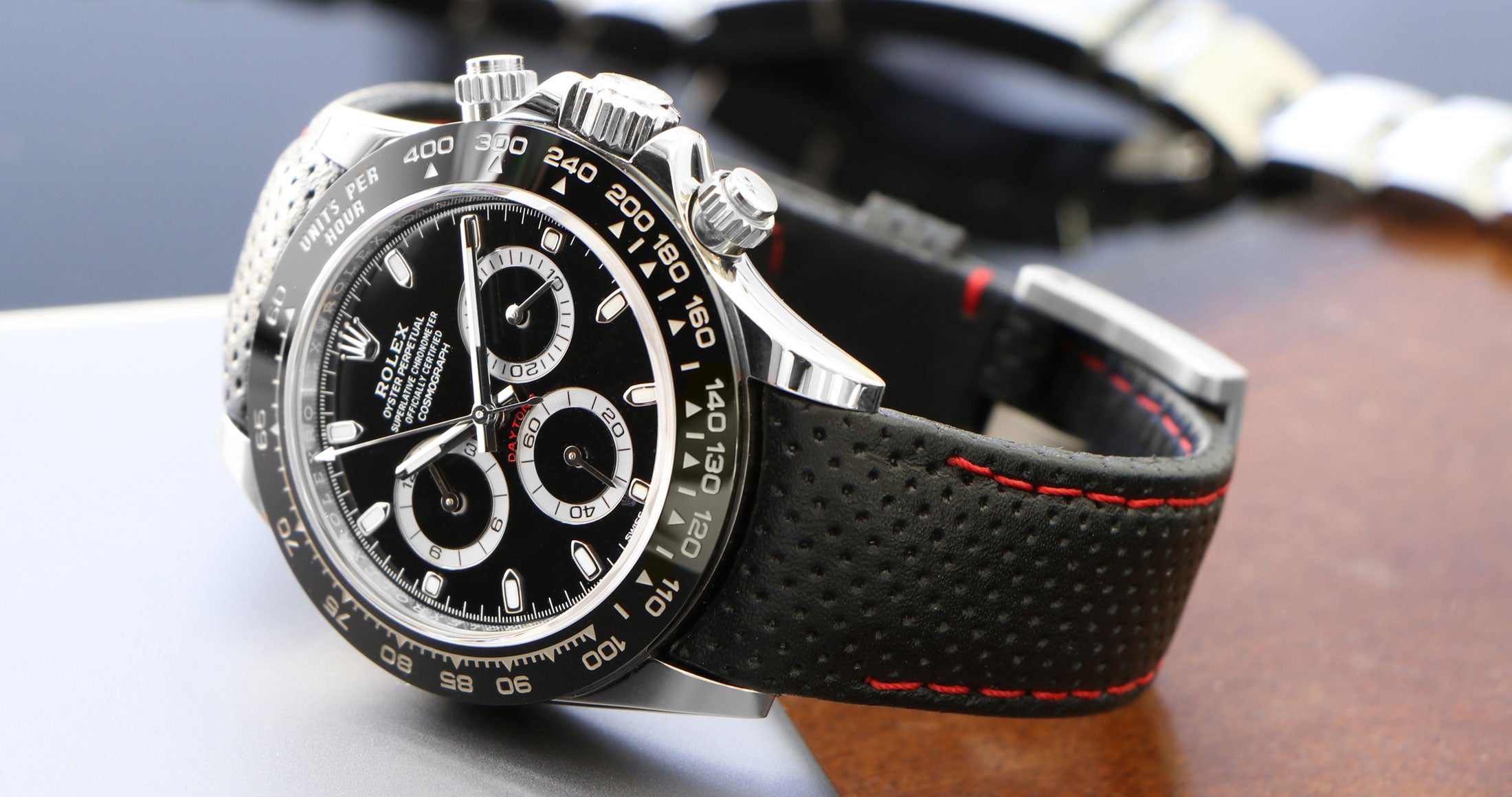 Perforated Leather Strap on Rolex Daytona - Black with Red Stitching
