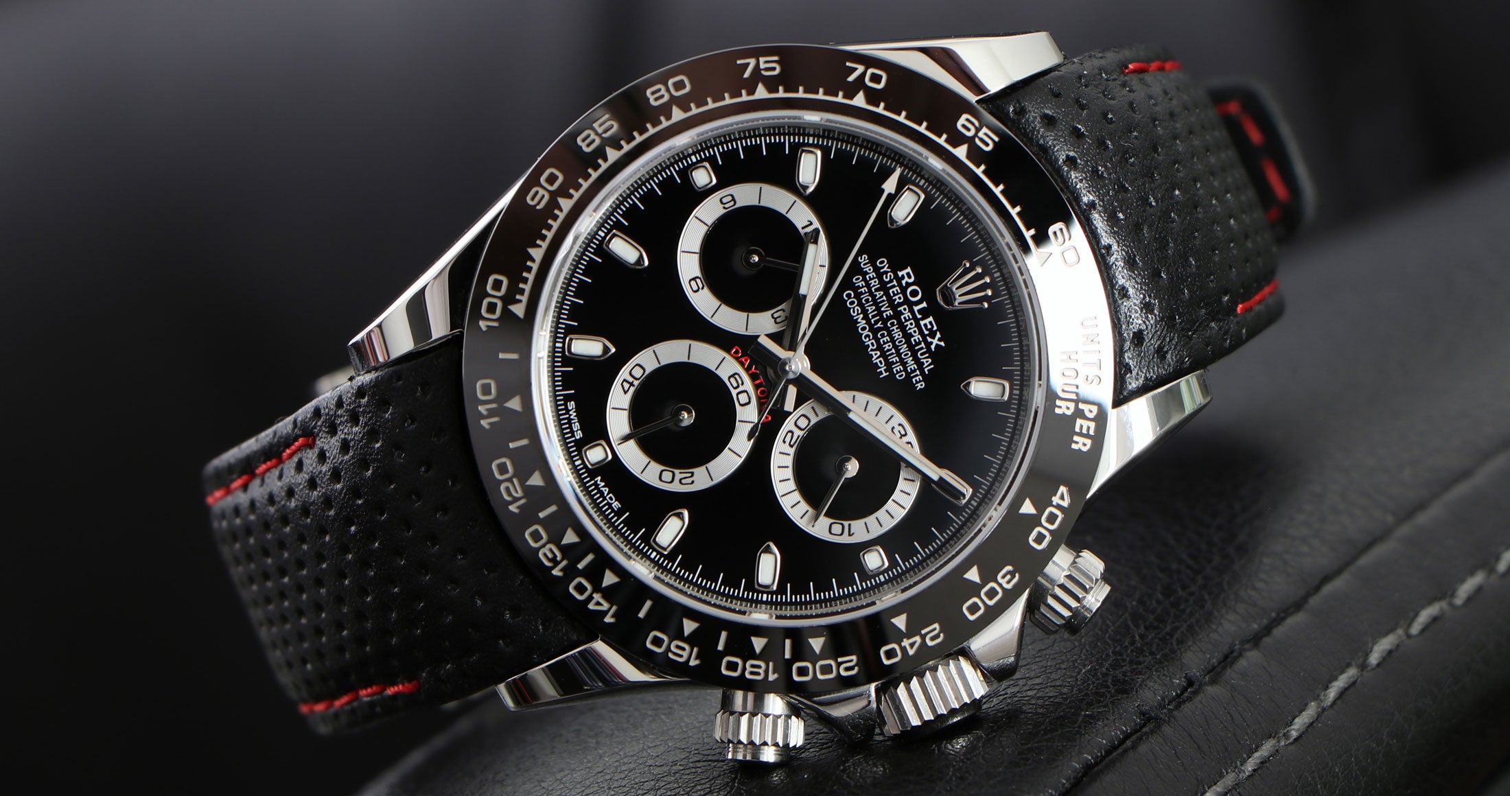 Perforated leather strap on Rolex Daytona - Black with Red Stitching