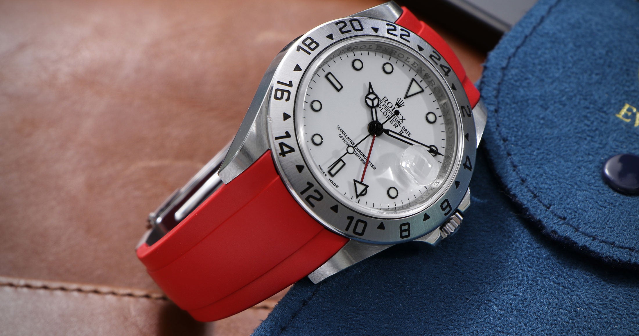 Red rubber deployant watch band for Explorer II