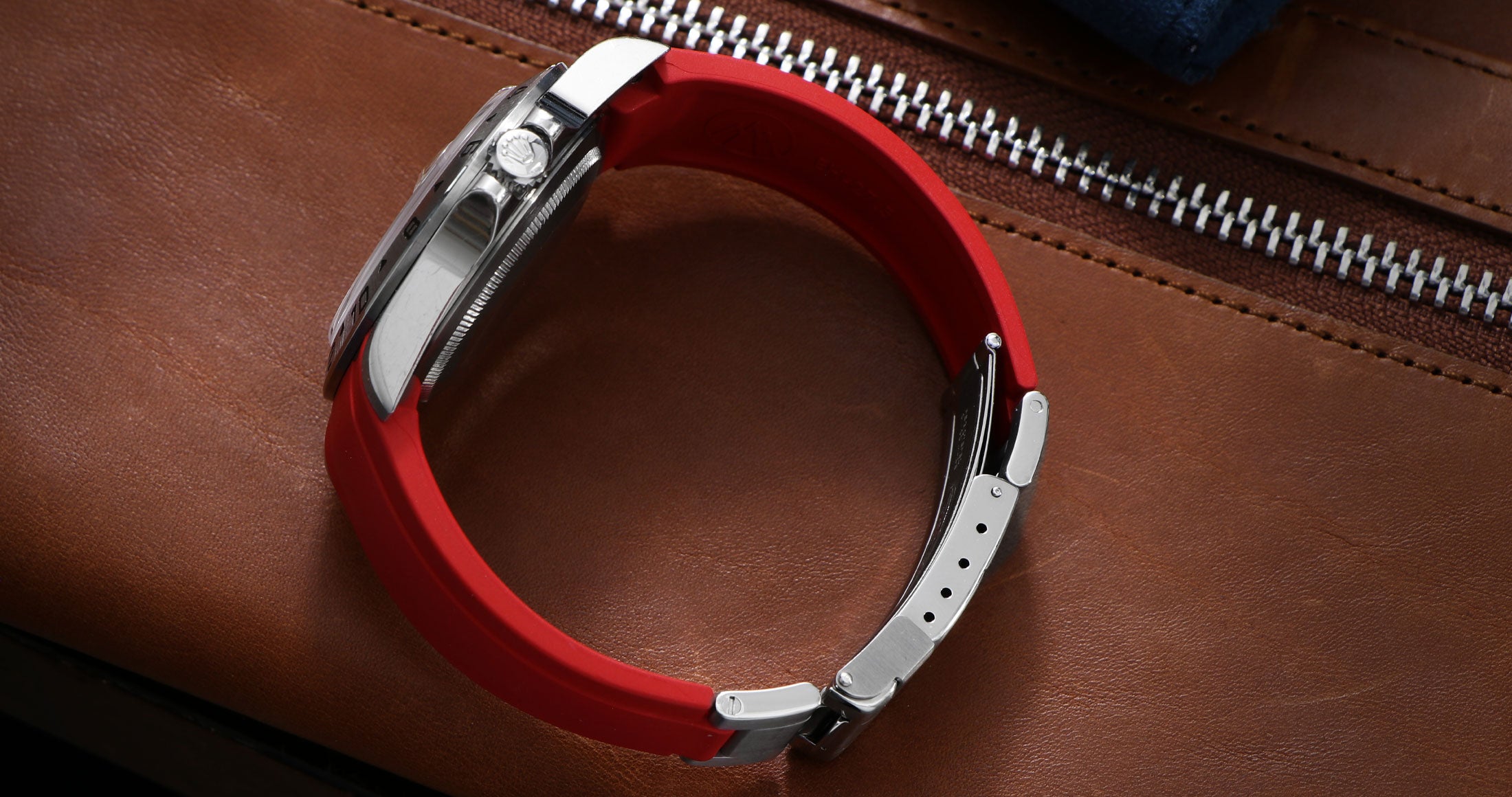 Red rubber deployant watch band for Explorer II