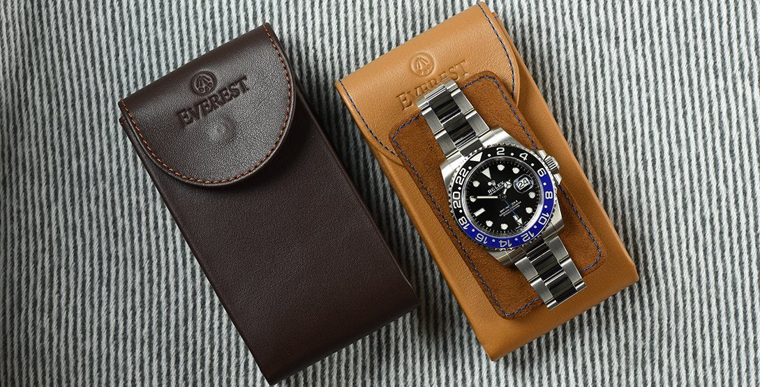 Everest Leather Watch pouches in Espresso and Camel - Rolex GMT-Master II in watch pouch