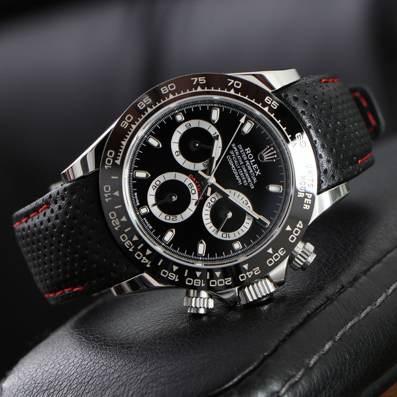 Perforated leather strap on Rolex Daytona - Black with Red Stitching